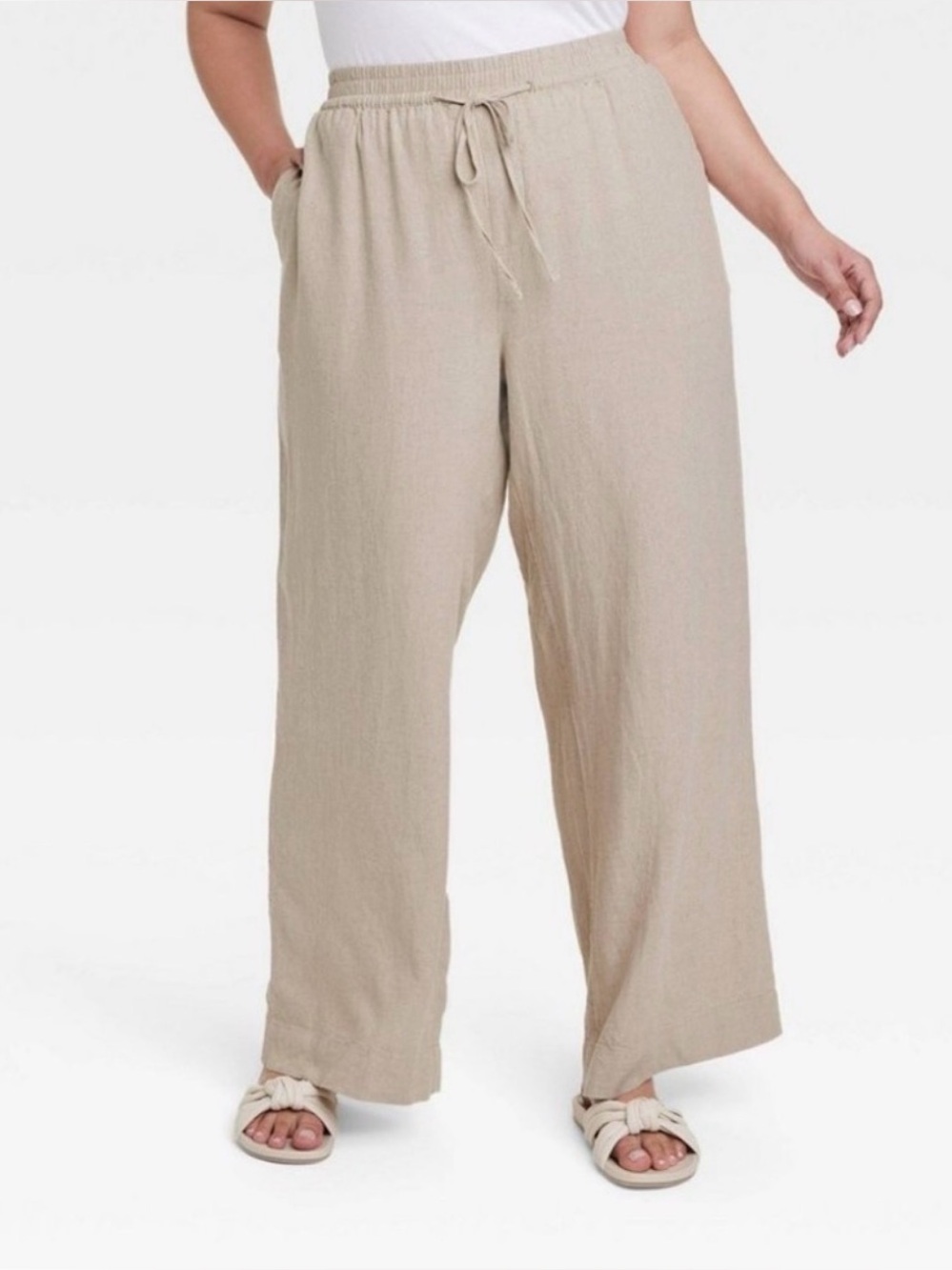 A New Day Linen Blend Tan Wide Leg Drawstring Pants in Size Small